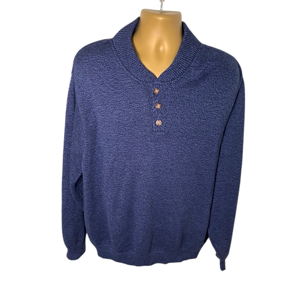 Vintage 90s Lands’ End Shawl Collar Sweater Textured Knit Blue L 42-44